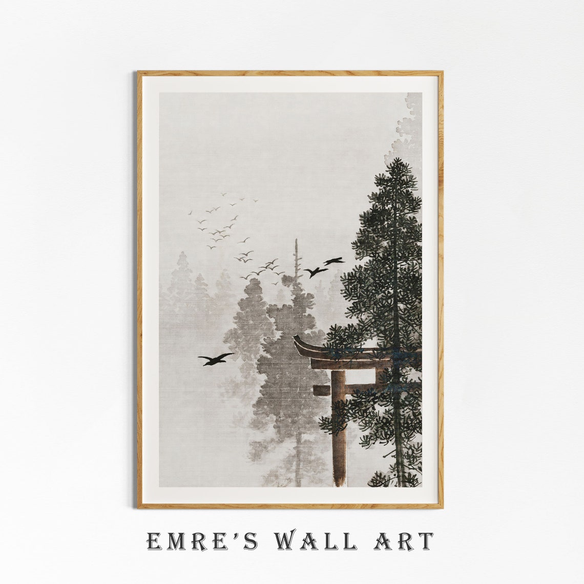 Misty Japanese Forest with Temple Gate and Birds Ink Artwork Poster - Image 4