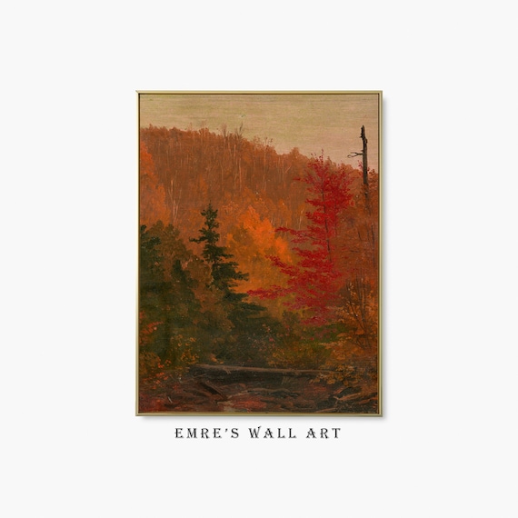 Red Autumn Hillside Forest Painting Fiery Fall Foliage Landscape Print