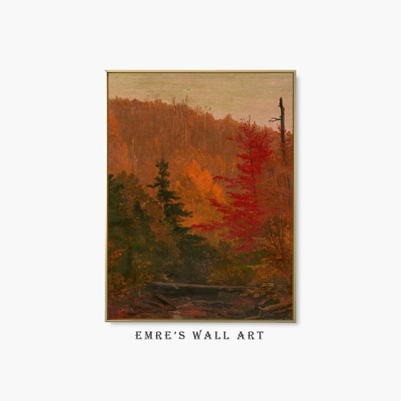 Red Autumn Wall Art Moody Fall Landscape Painting Vintage Rustic Autumn Decor Fall Forest Wall Art Woodland