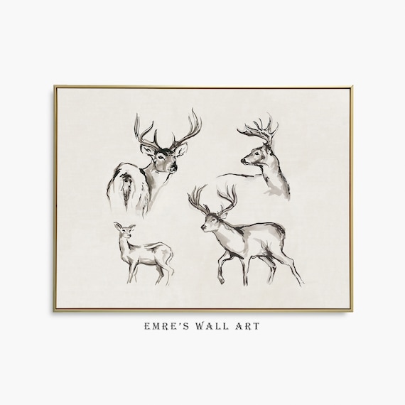 Antique Rustic Deer Sketch Vintage Christmas Art Print