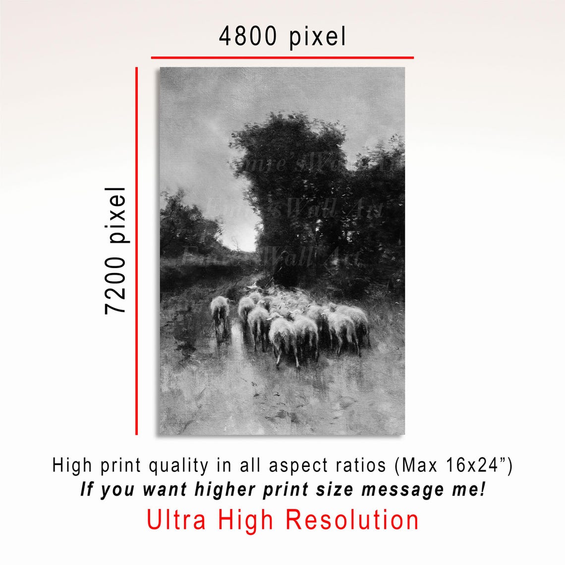 Flock of Sheep Walking Down Country Path Black and White Poster - Image 3