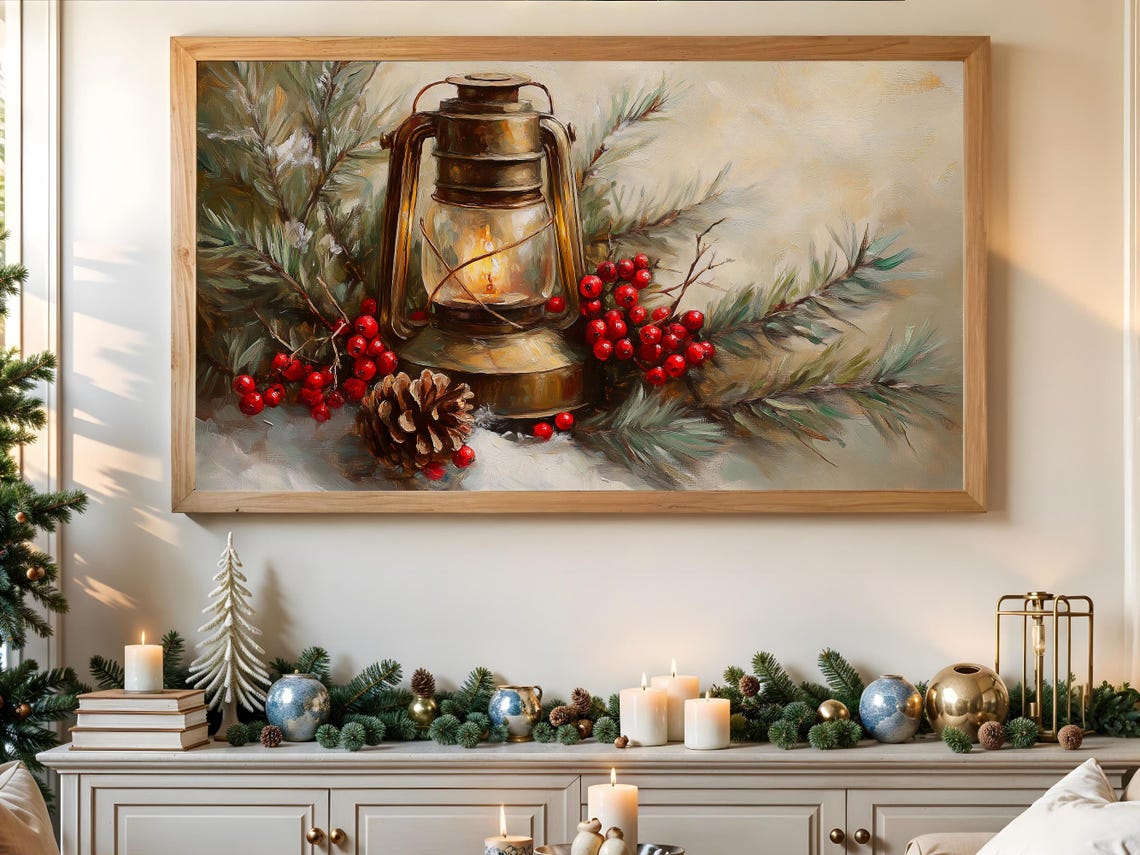 Vintage Lantern Glowing Candle Pine Berries Cozy Christmas Art Poster - Image 3