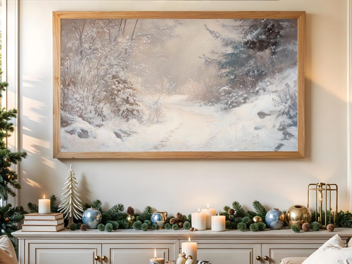 Snowy Winter Path Forest Neutral Vintage Christmas Landscape Poster - Image 3