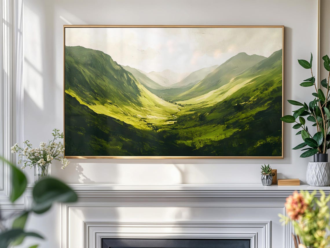 Green Mountain Valley Sunlit Slopes Vintage Landscape Art Poster - Image 4