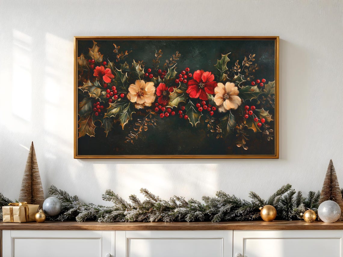 Red Cream Christmas Flowers Holly Berries Dark Vintage Wreath Poster