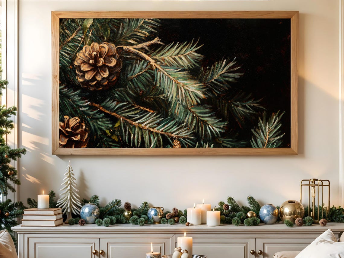 Pine Cones Evergreen Branches Dark Christmas Botanical Art Poster - Image 3