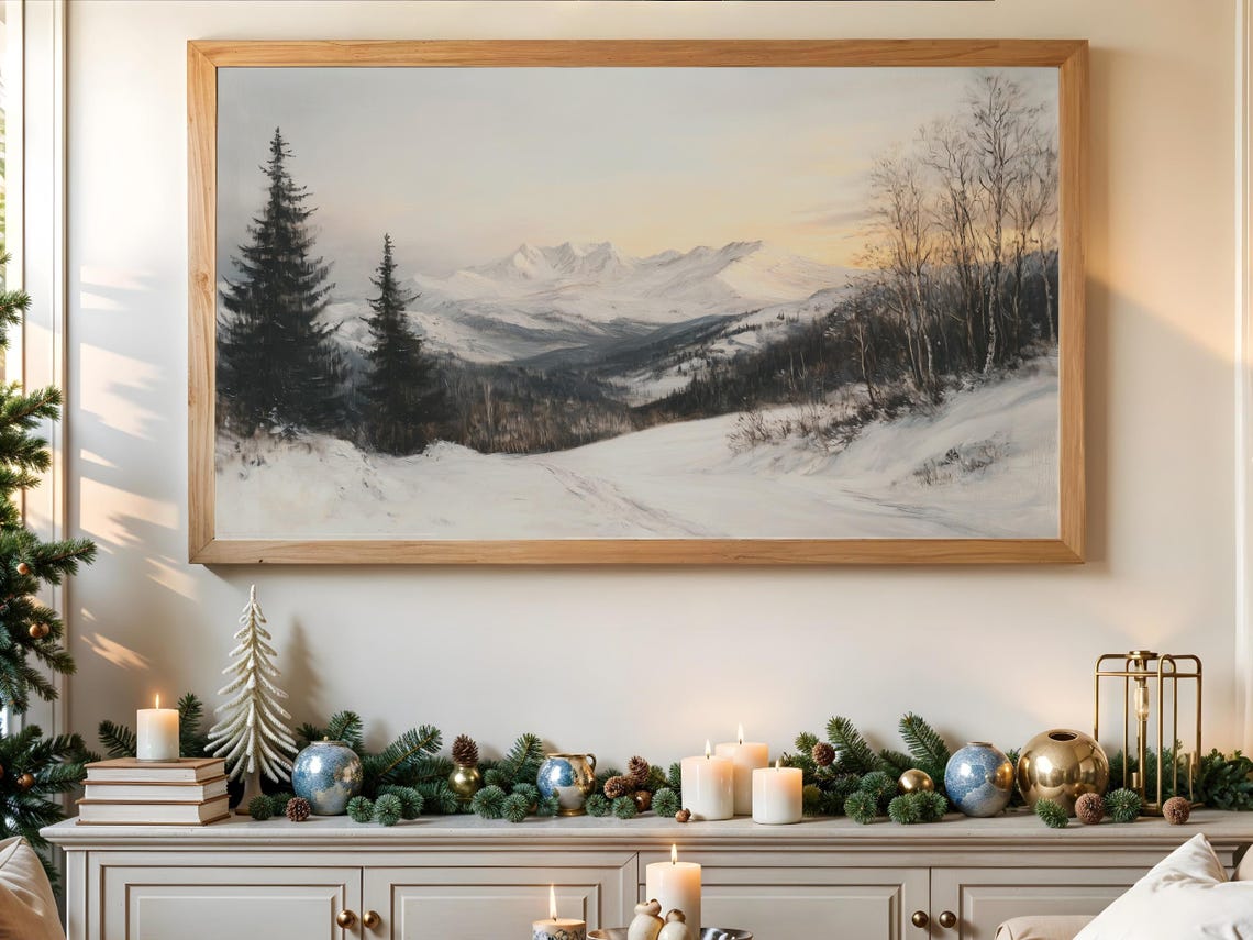 Winter Snowy Mountain Sunset Vintage Landscape Painting Art Print - Image 3