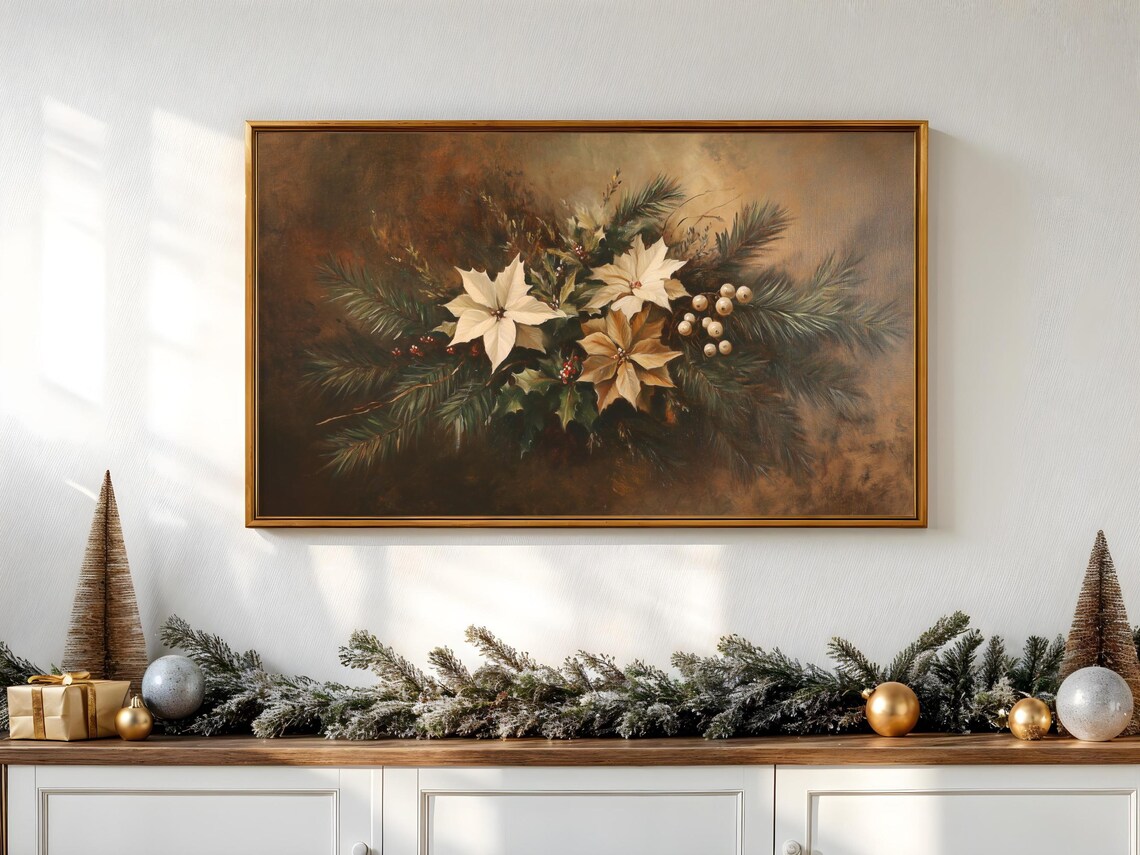 White Poinsettia Berries Dark Moody Vintage Christmas Floral Poster