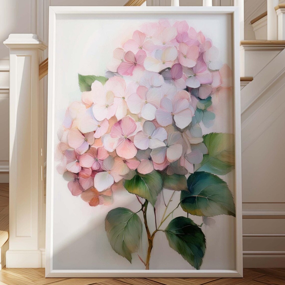 Pastel Pink Hydrangea Watercolor Farmhouse Floral Bouquet Art Print