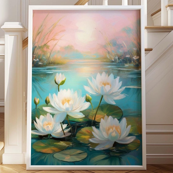Water Lily Wall Art Print Floral Trendy Pastel Flowers Botanical Above Couch