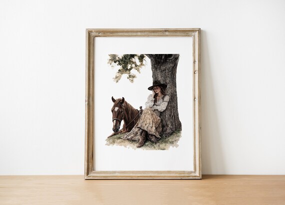 Cowgirl Resting Under Tree With Her Horse Rustic Watercolor Poster