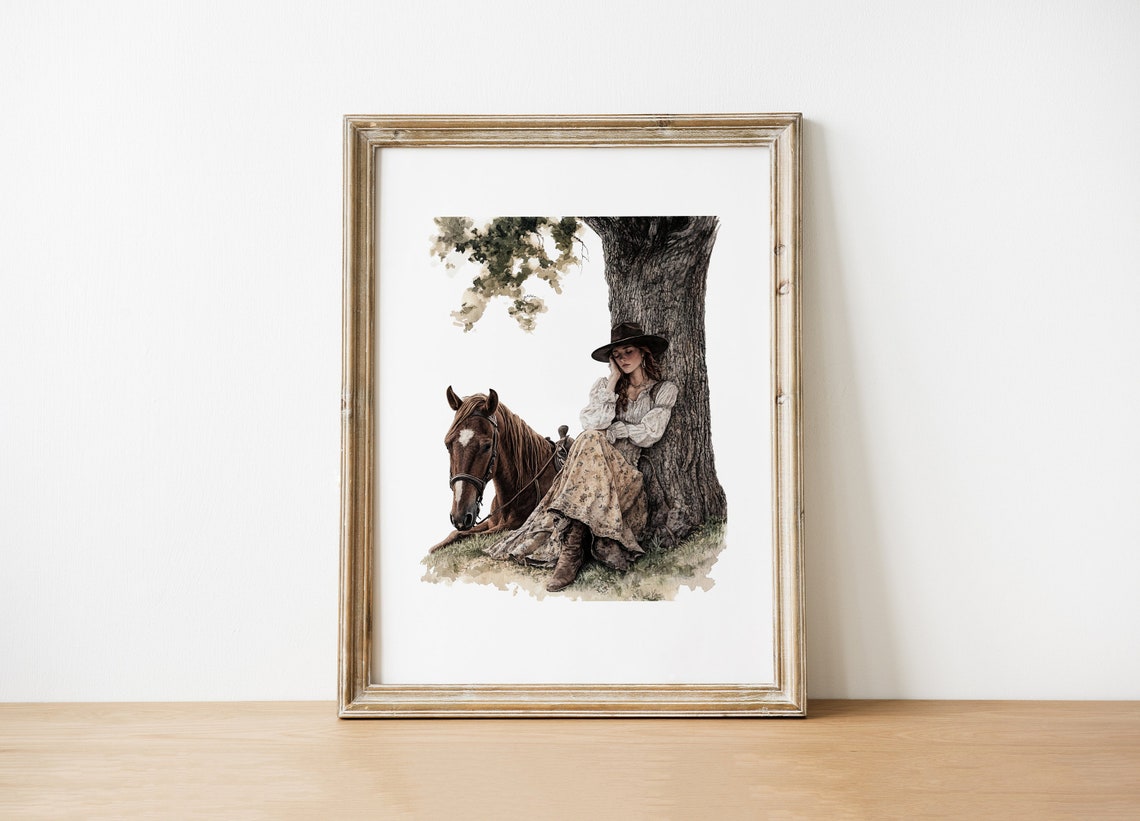 Cowgirl Resting Under Tree With Her Horse Rustic Watercolor Poster