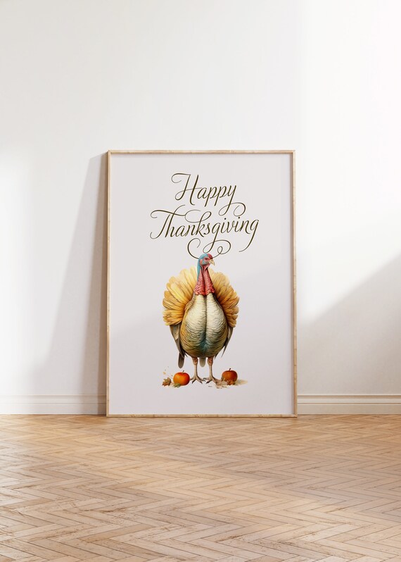 Happy Thanksgiving Turkey Watercolor With Pumpkins Autumn Holiday Poster