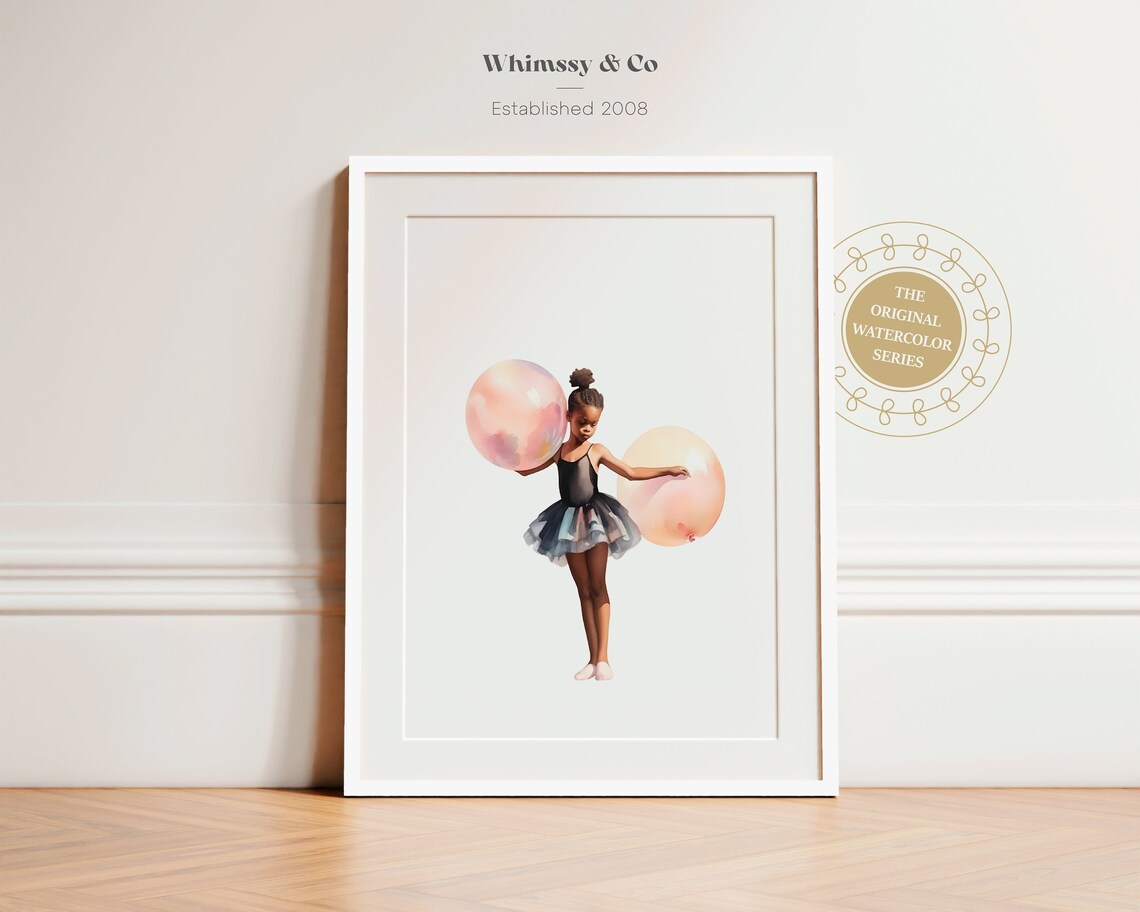 Ballerina Girl with Colorful Balloons Watercolor Nursery Art Poster