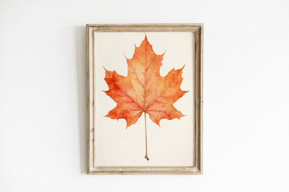 Bright Orange Maple Leaf Watercolor Minimal Autumn Botanical Art Poster