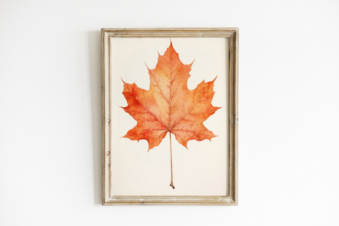 Bright Orange Maple Leaf Watercolor Minimal Autumn Botanical Art Poster
