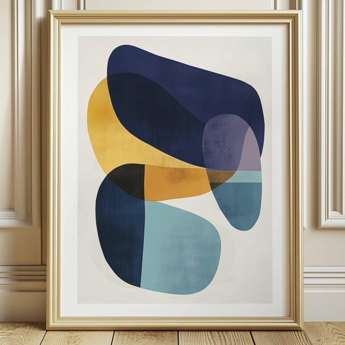 Abstract Navy Blue and Mustard Yellow Interlocking Shapes Poster
