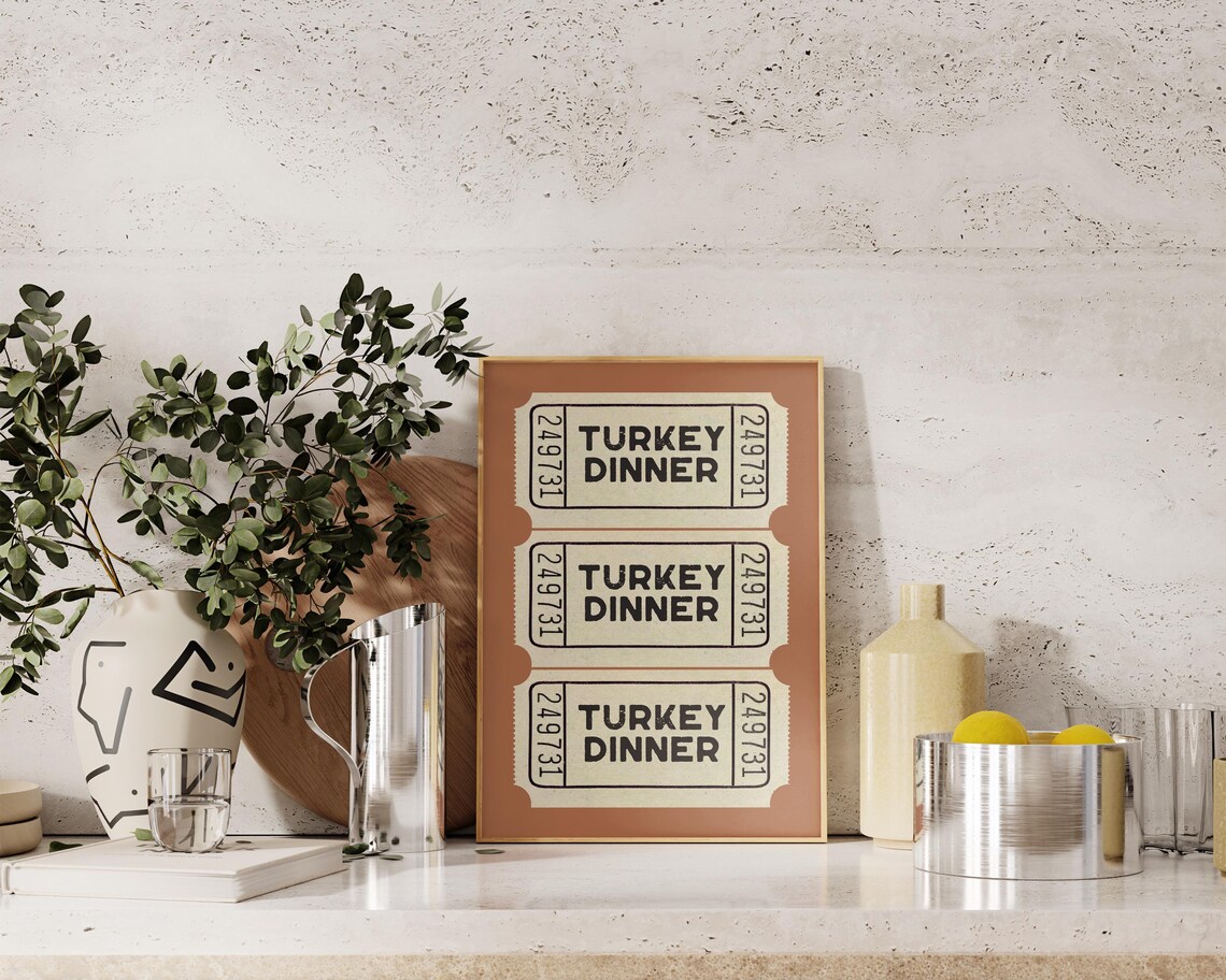 Turkey Dinner Ticket Art Print, Thanksgiving Decor