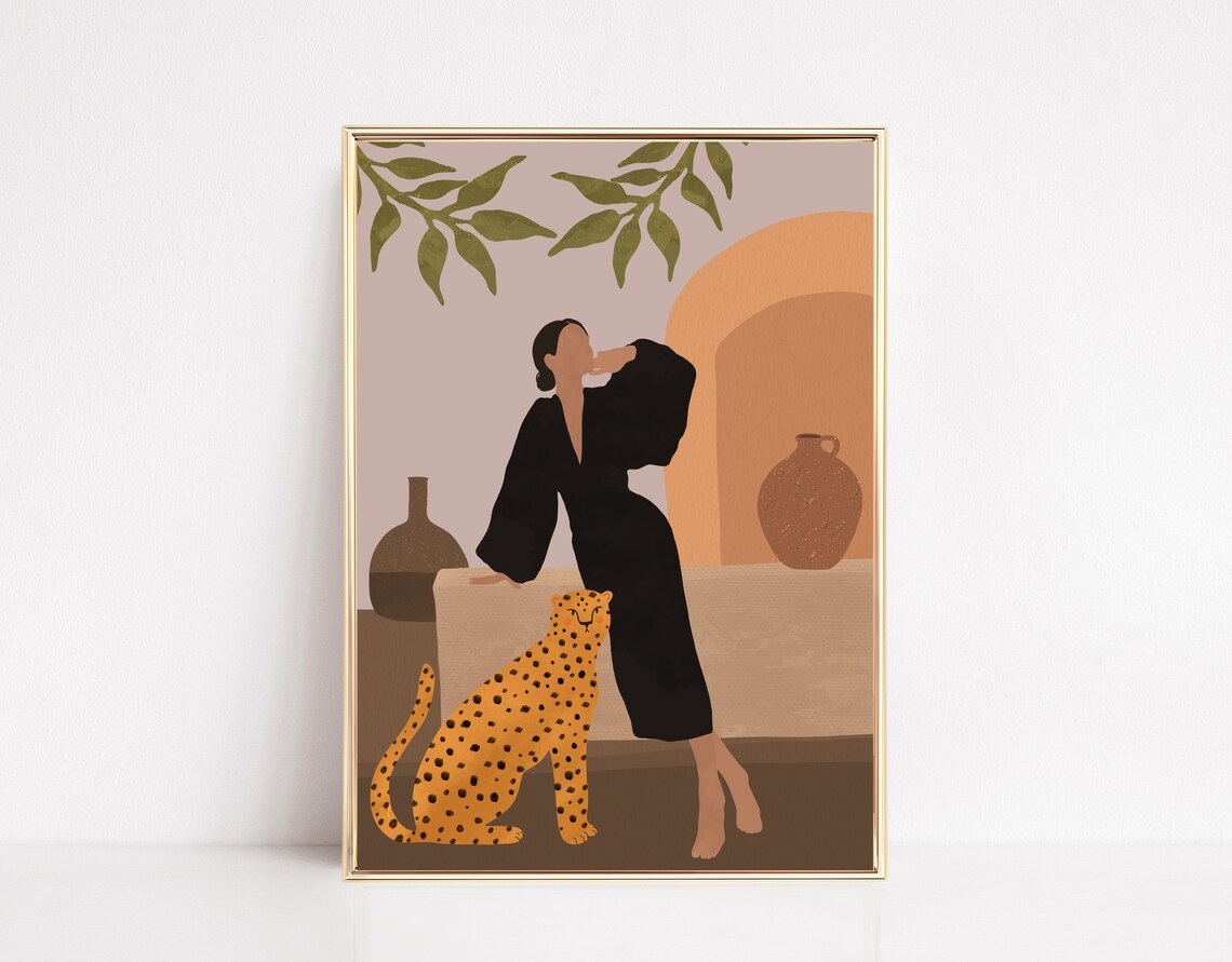 Boho Woman in Black Dress With Spotted Cat Modern Decor Art Print