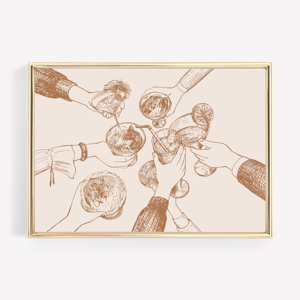 Cheers Cocktail Toast Raised Hands Vintage Ink Sketch Bar Wall Art