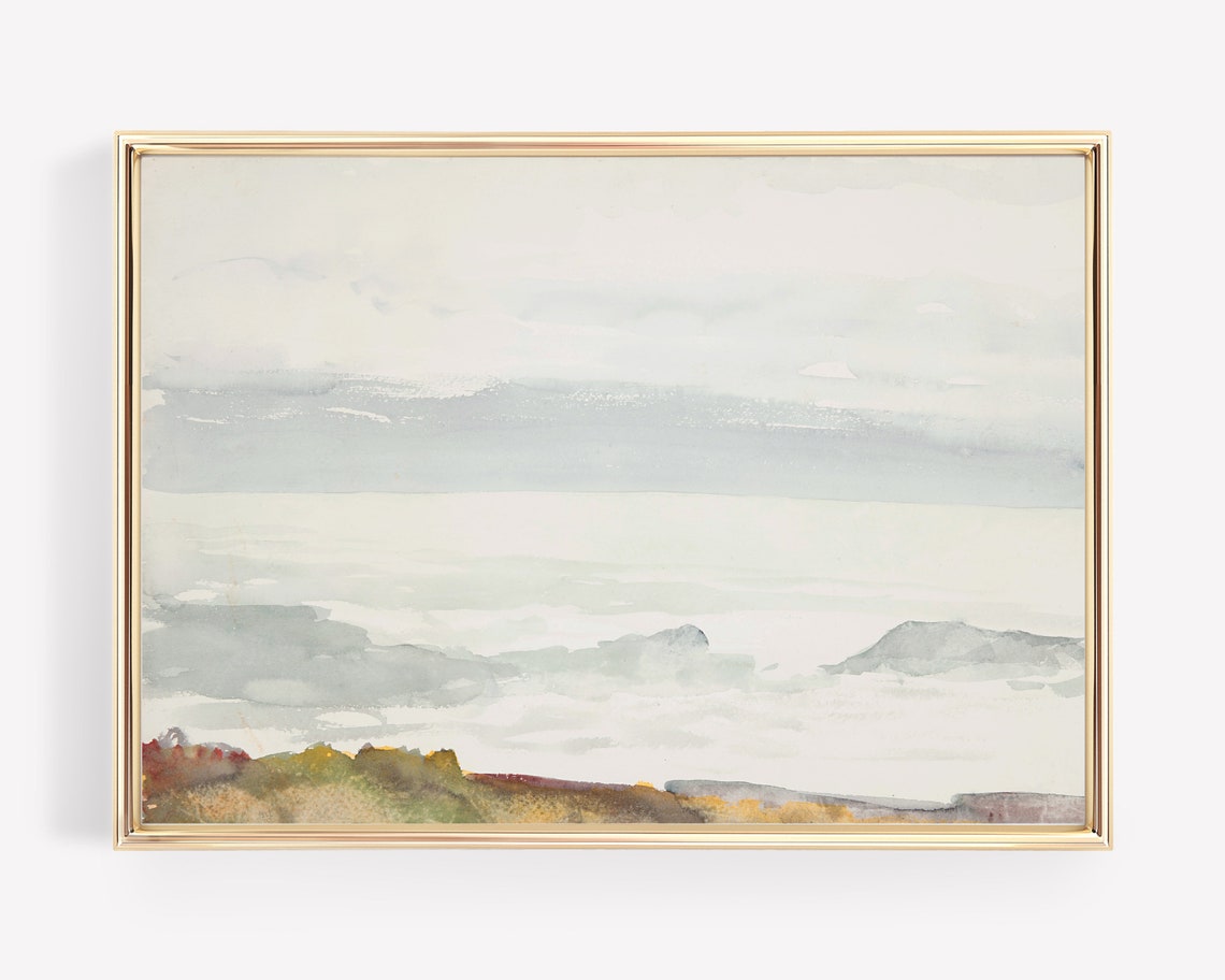 Muted Coastal Landscape Watercolor Gray Blue Seascape Landscape Poster