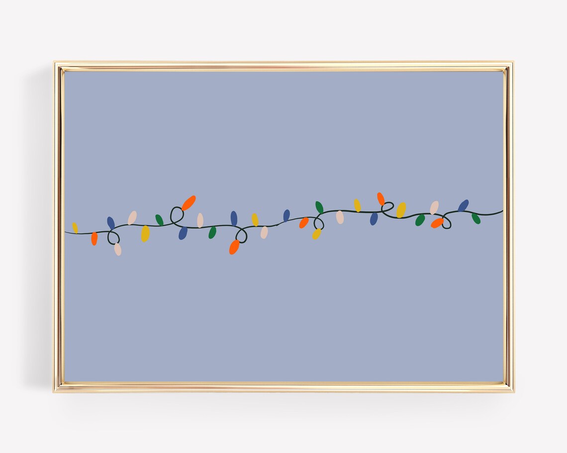 Colorful Christmas Lights Strand Modern Blue Background Wall Art