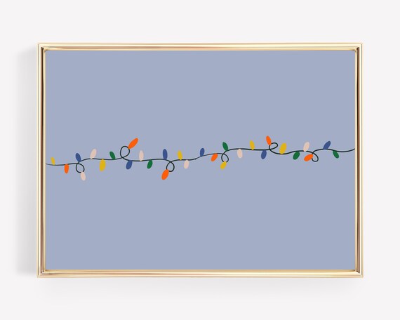 Colorful Christmas Lights Strand Modern Blue Background Wall Art