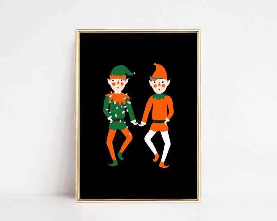 Dancing Christmas Elves Illustration Print for Kids Holiday Room Decor
