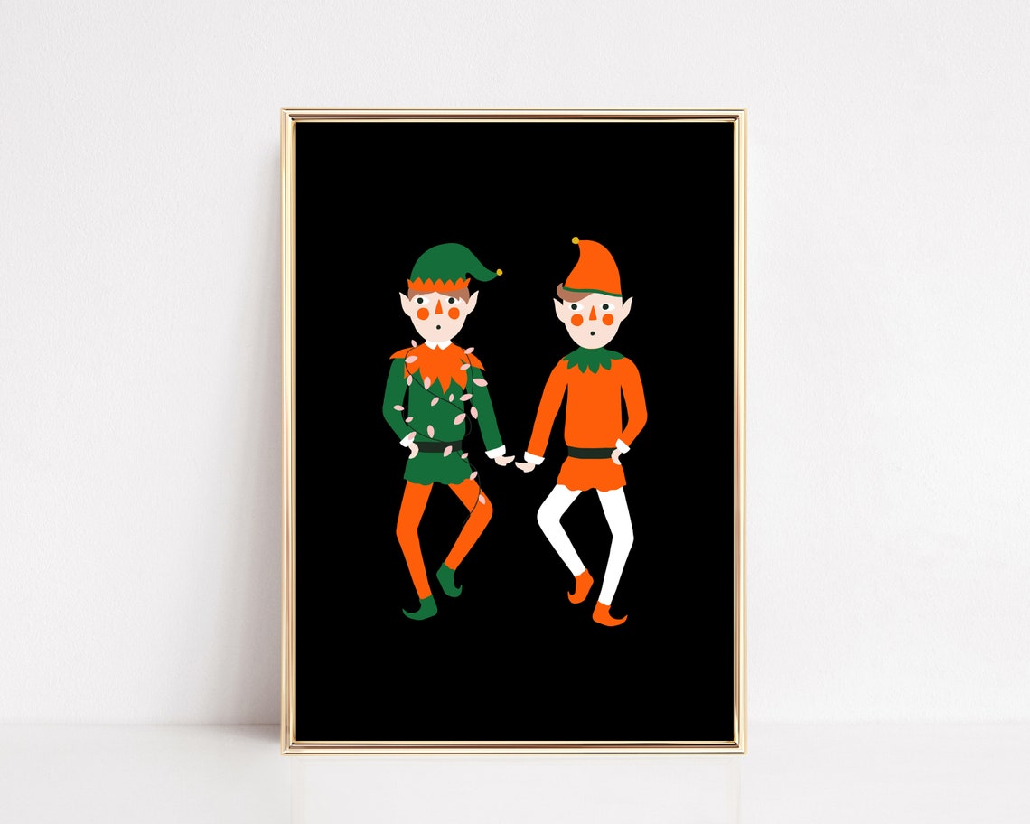 Dancing Christmas Elves Illustration Print for Kids Holiday Room Decor