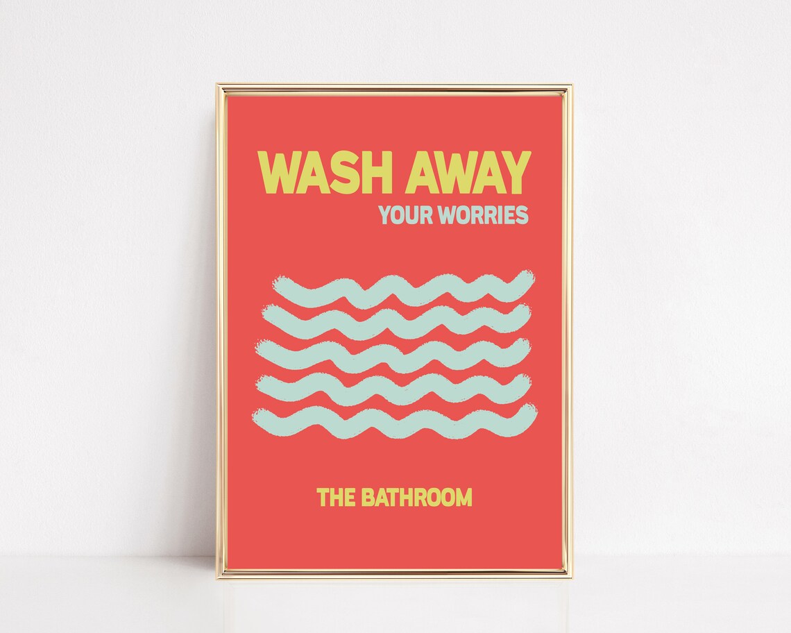 Wash Away Your Worries Retro Bathroom Wave Sign Colorful Poster