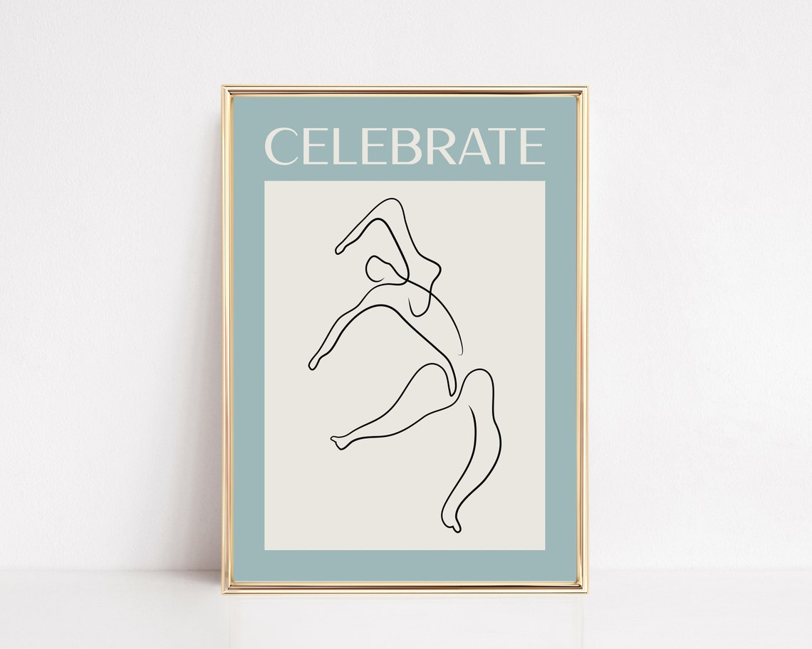 Celebrate Dancing Figure Line Drawing Modern Blue Border Wall Art