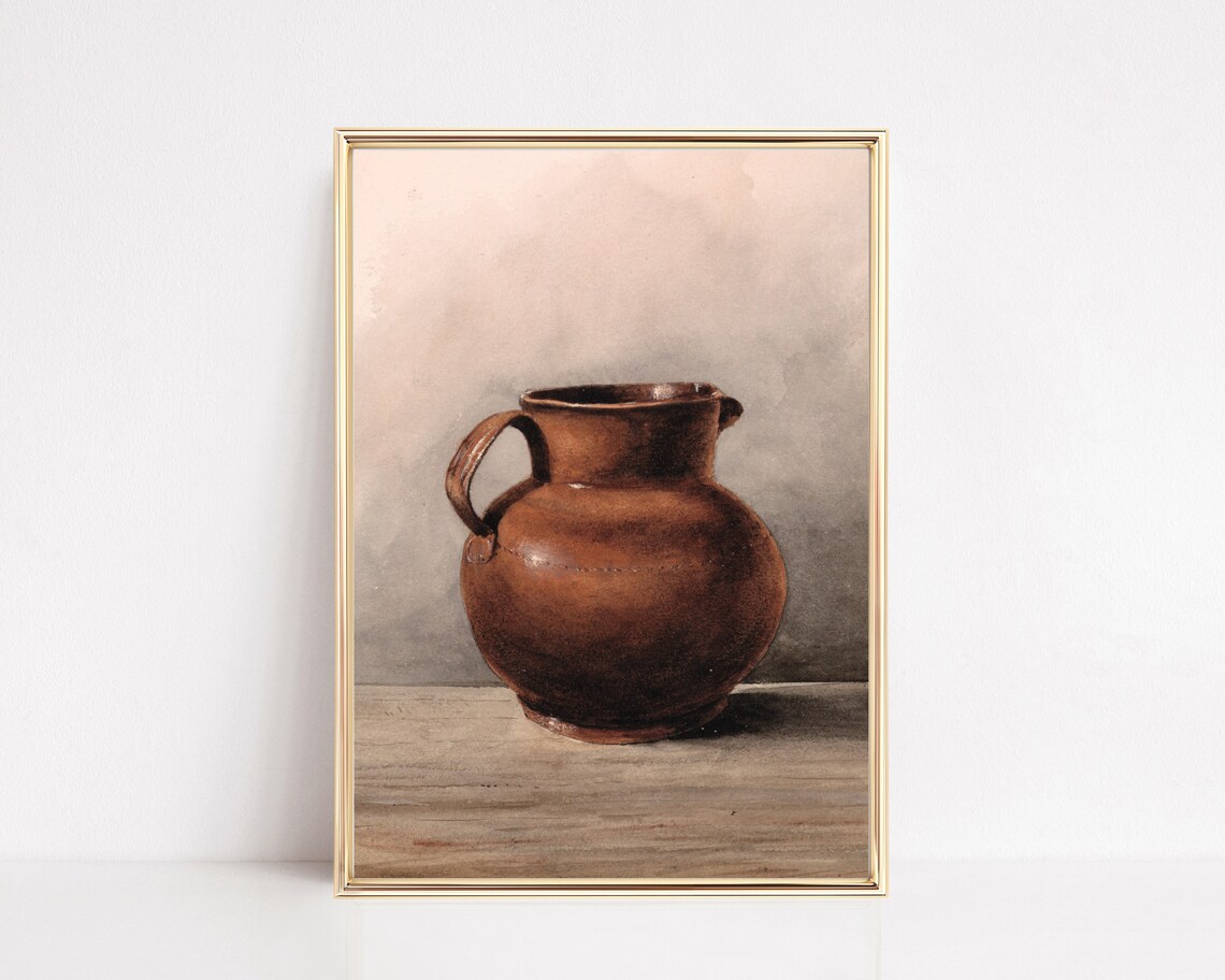 Moody Terracotta Jug Still Life Rustic Farmhouse Kitchen Print - Image 2