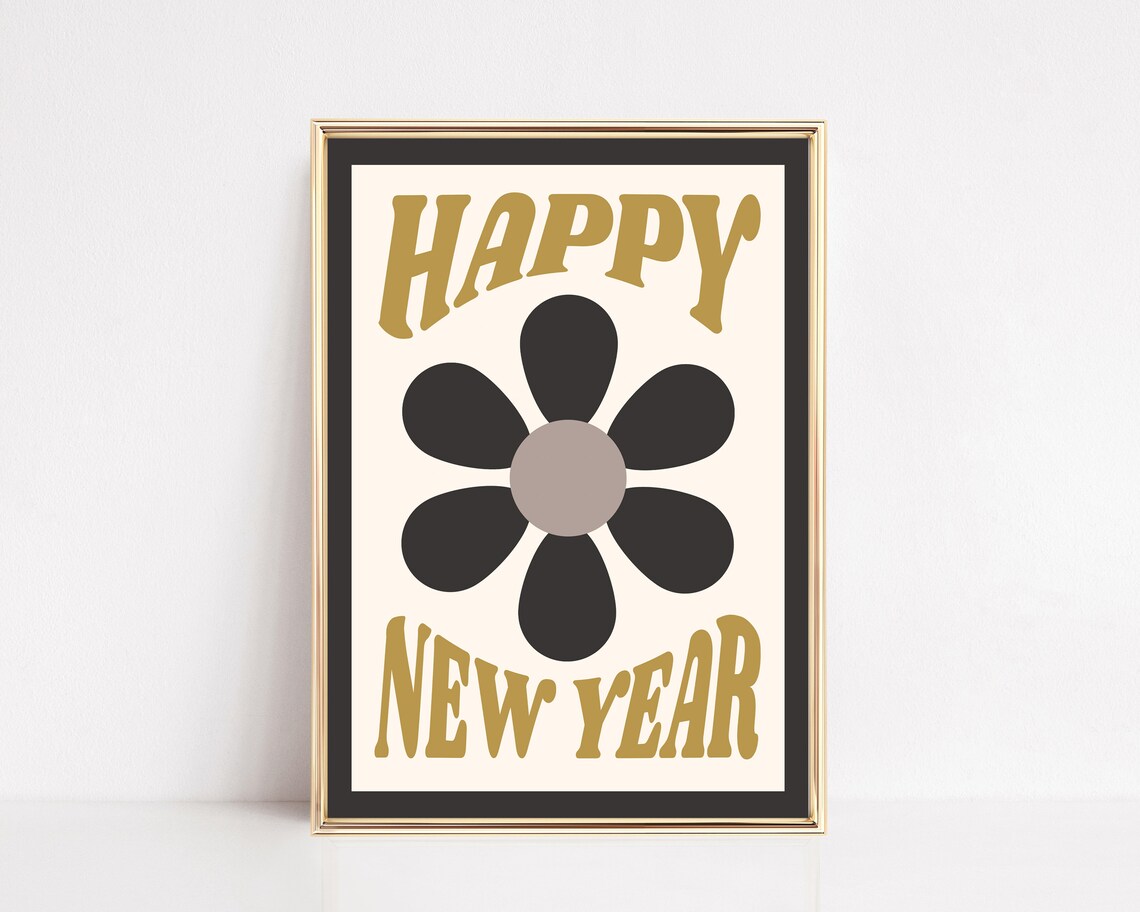 Happy New Year Retro Daisy Flower Gold Groovy Typography Poster