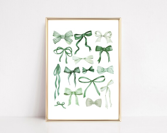 Christmas Green Watercolor Ribbon Bows Coquette Holiday Wall Art