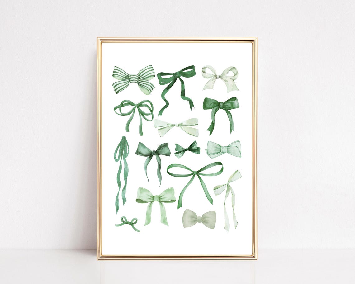 Christmas Green Watercolor Ribbon Bows Coquette Holiday Wall Art