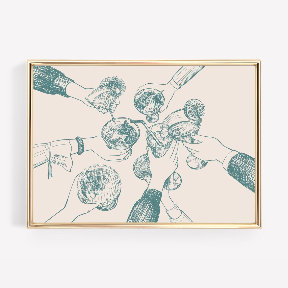 Cheers Cocktail Toast Teal Line Art Bar Cart Celebration Wall Poster