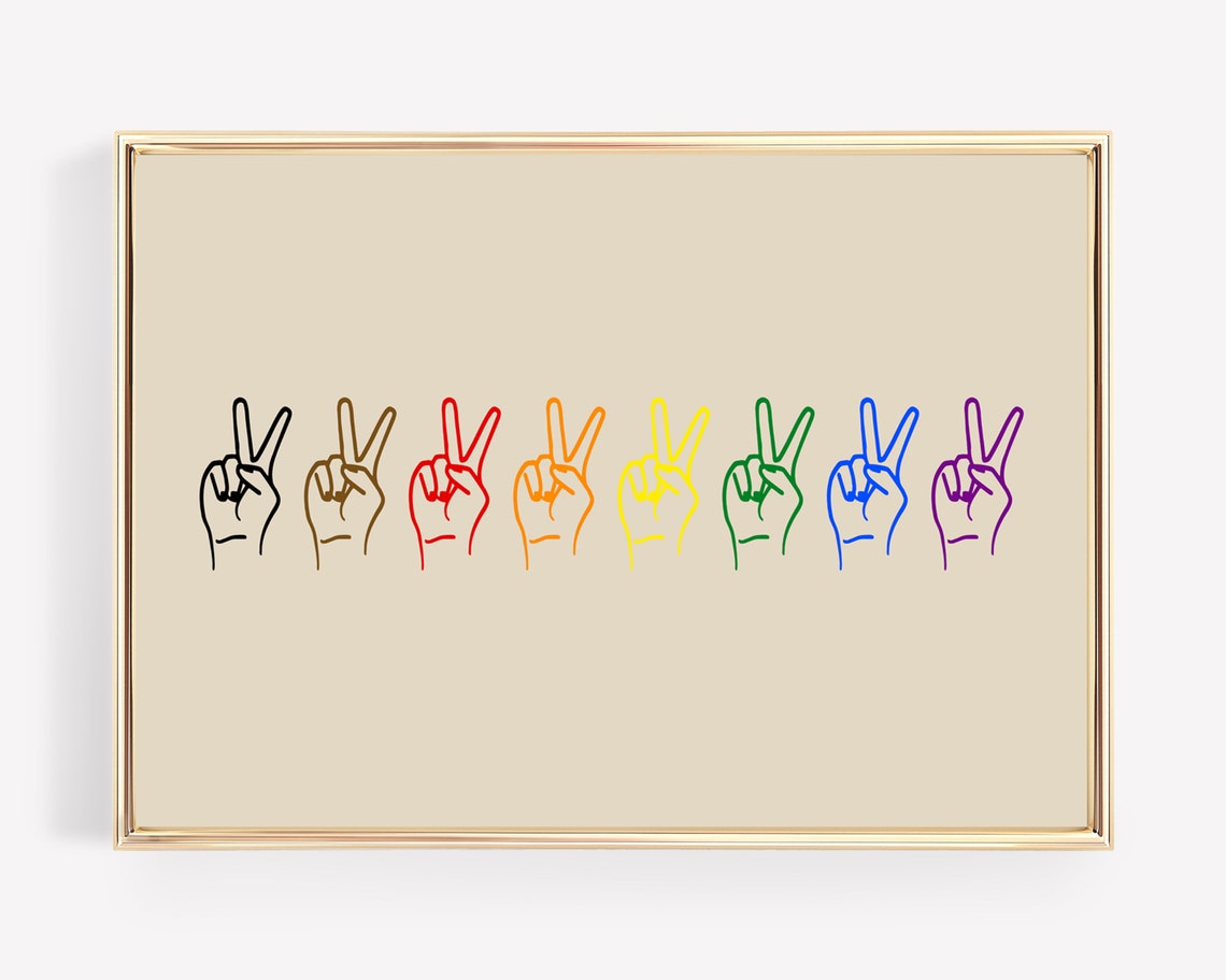 Rainbow Peace Sign Hands Line Art Landscape Pride Equality Wall Poster
