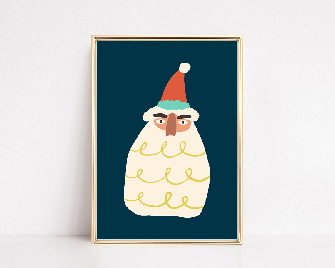 Funny Santa Christmas Print, Blue Holiday Decor
