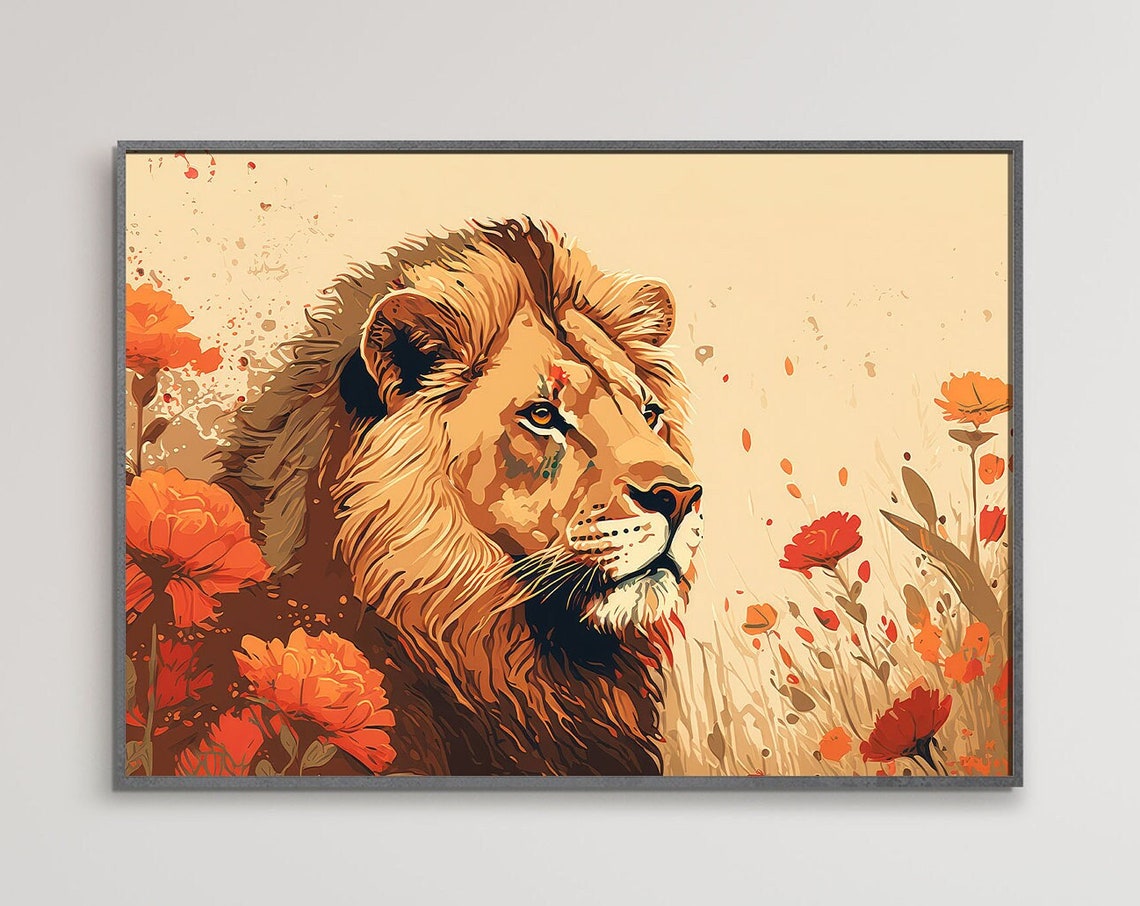Contemporary Lion Floral Poster Print Modern Wall Decor African Savannah Floral Print - Image 3