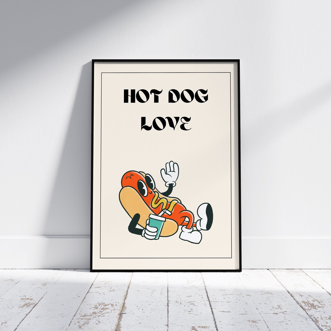 Hot Dog Love Retro Cartoon Mascot Diner Kitchen Decor Poster