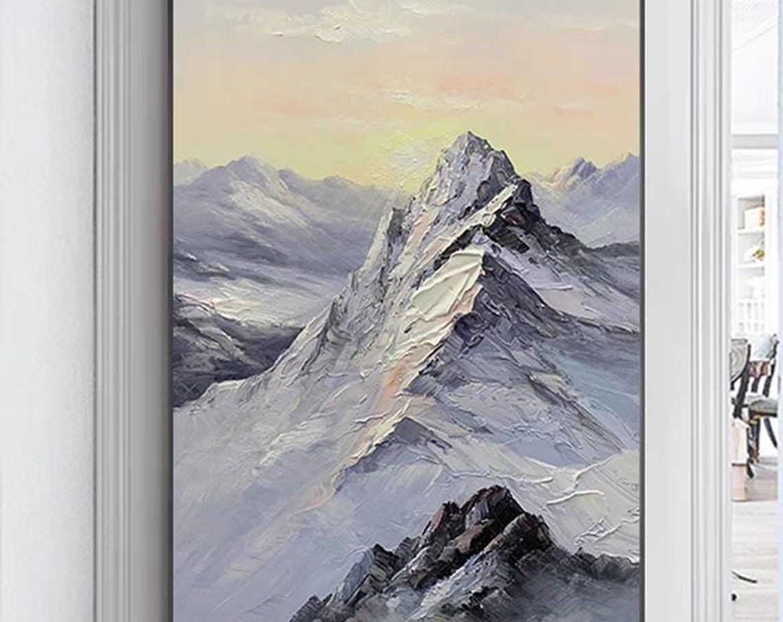 Morning Snowy Mountaintop View Painting Hand Painted Sunrise Art Winter Art Gift Home Hallway Wall Decor Large 3d Texture Artwork