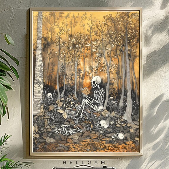 Reading Skeleton Golden Autumn Forest Vintage Gothic Book Lover Print