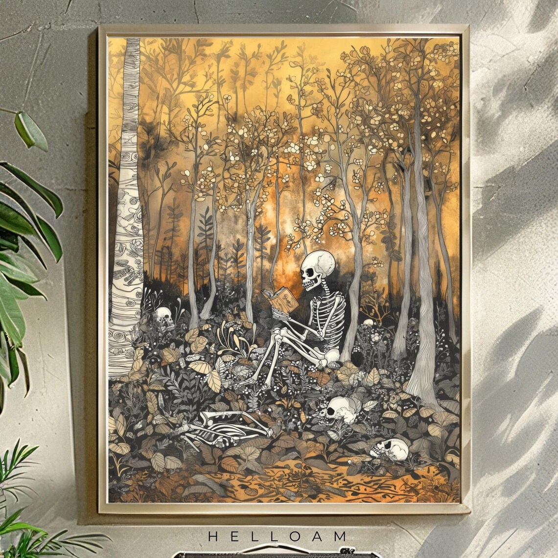 Reading Skeleton Golden Autumn Forest Vintage Gothic Book Lover Print