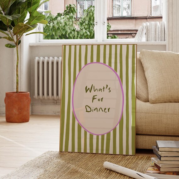 Whats For Dinner Green Purple Stripe Kitchen Typography Art Poster