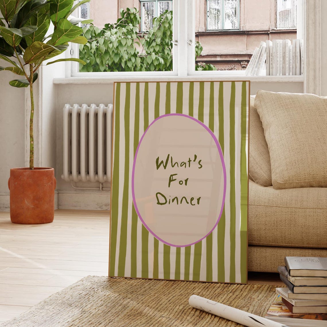 Whats For Dinner Green Purple Stripe Kitchen Typography Art Poster