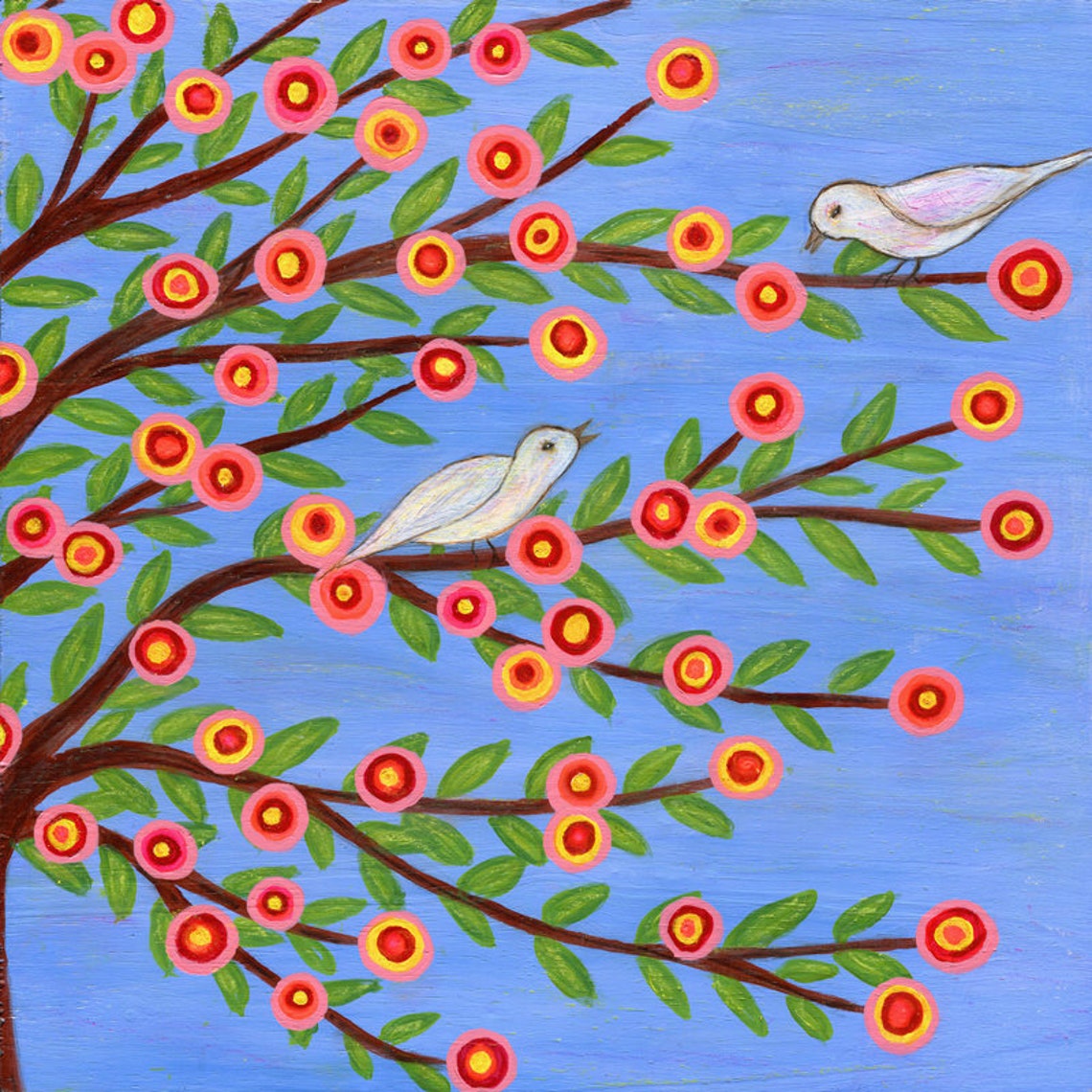 Two White Birds on Blossoming Branches against Blue Sky Poster