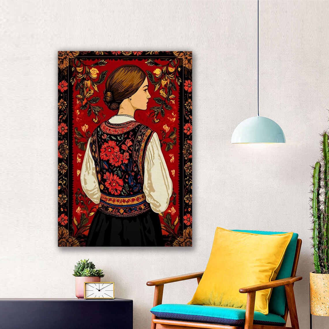 Turkish Folk Art Woman Portrait Against Red Floral Canvas Poster