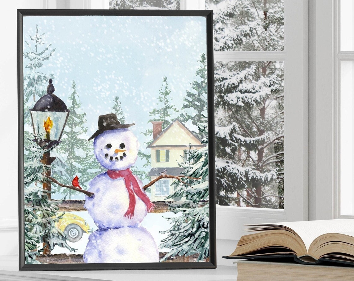 Snowman Top Hat Red Scarf Lamp Post Cardinal Winter Watercolor Poster - Image 3