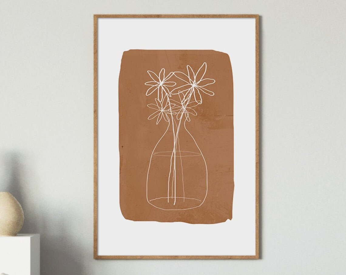 White Line Flowers Vase on Terracotta Minimalist Botanical Poster - Image 3
