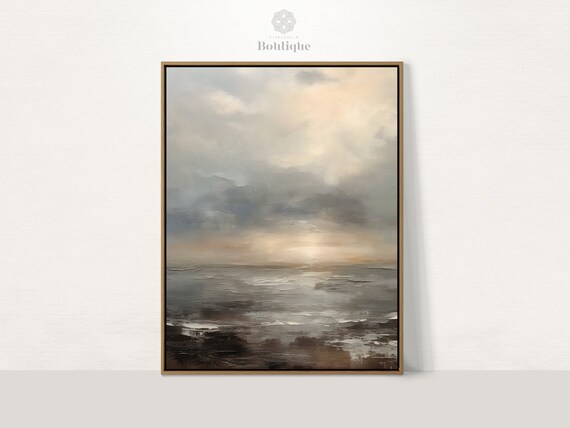 Moody Overcast Beach Waves Gray Sky Serene Coastal Oil Painting Art Poster